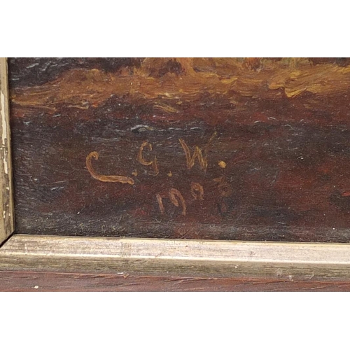 186A - Farmyard animals and trees, oil on board, bearing a monogram CGW, framed, 38cm x 31cm