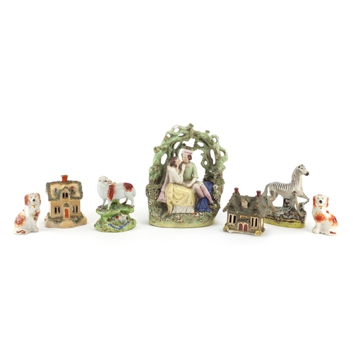 317 - Staffordshire figure group cottages and animals including a Zebra