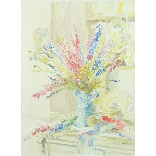 258 - Sue Bailey - Still life flowers in a vase, watercolour, mounted and framed, 70cm x 52cm