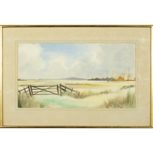 76 - Extensive landscape before building, watercolour, bearing an indistinct signature, mounted and frame... 
