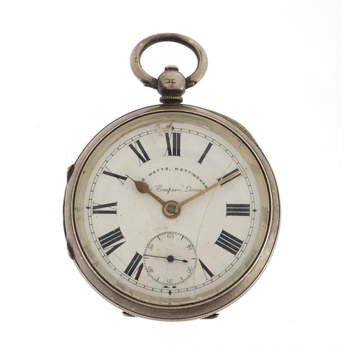 381 - Gentleman's silver W E Watts open face pocket watch, 5cm in diameter