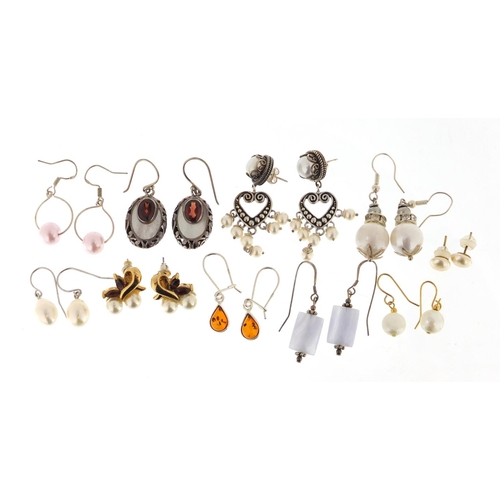 412 - Ten pairs of silver and white metal semi precious stone earrings, approximate weight 41.4g