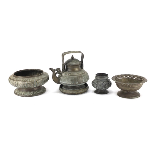 794 - Middle Eastern metalwares including teapot, pedestal bowl and two vases