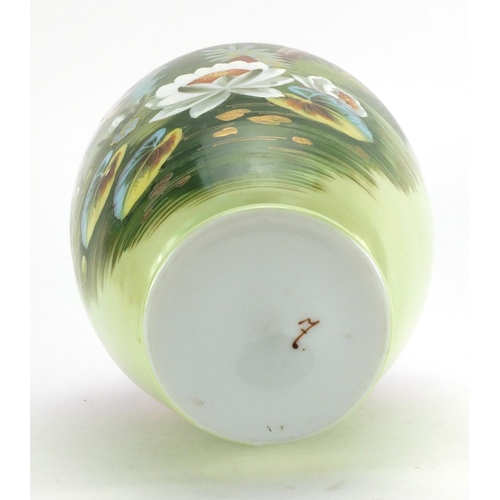 244 - Victorian opaque glass vase hand painted with a dragonfly above lily pads, 32cm high