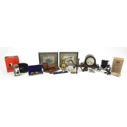 841 - Wooden and metalwares including a vintage Bell & Howell camera, microscope, oak cased striking mante... 