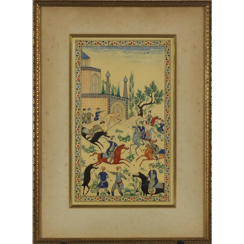 256 - Pair of Persian pictures of figures on horseback and figures dancing, each mounted and framed, 19.5c... 