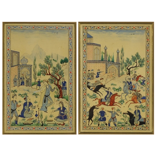 256 - Pair of Persian pictures of figures on horseback and figures dancing, each mounted and framed, 19.5c... 