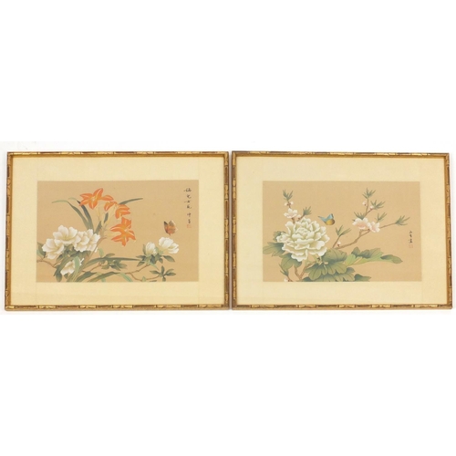 278 - Two Chinese pictures on silk of butterflies and flowers, each mounted and framed, each 35cm x 26cm