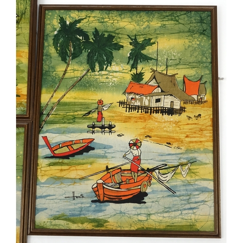 255 - Three Indonesian paintings on silk, figures in boats and farms, each signed Hussien, each approximat... 