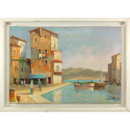 123 - After Doyly-John - Continental port with figures, oil on canvas, framed, 59.5cm x 42cm
