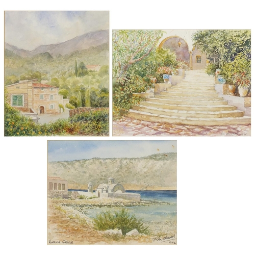 125 - Ron Brooker -Three continental courtyards, watercolours, each mounted and framed, the largest 30cm x... 