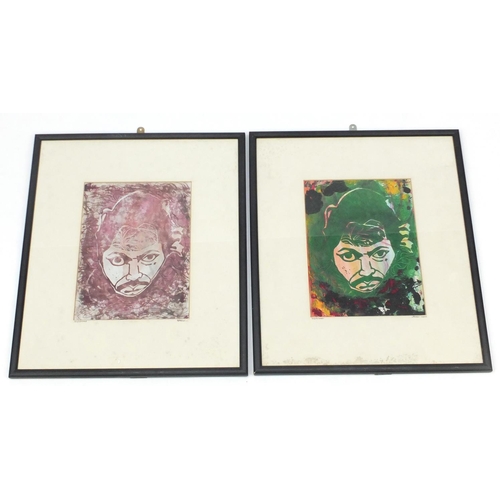401 - Obarren Calder - Two self portraits, mixed media, mounted and framed, 29cm x 22cm