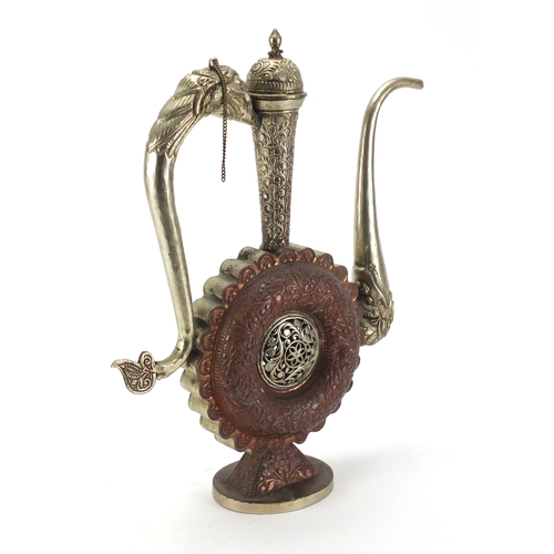 797 - Middle Eastern copper and white metal wine pot, 39cm high