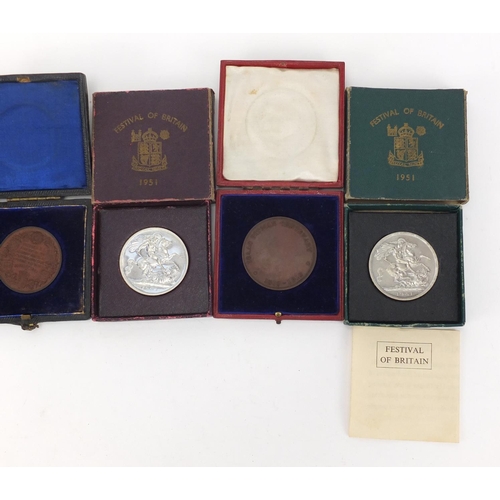 595 - Two commemorative medallions and three 1951 Festival of Britain crowns, each with fitted box