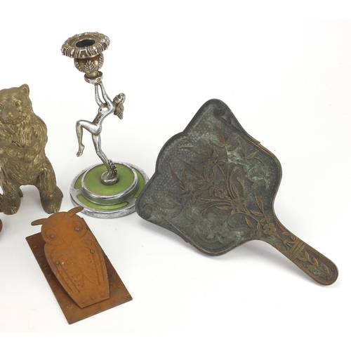 499 - Metalwares including an Art Deco nude female candlestick, Victorian door knocker and an owl letter c... 