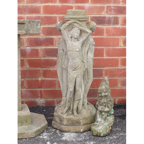 220 - Stoneware garden birdbath, three graces column and two gnomes, the largest 73cm H