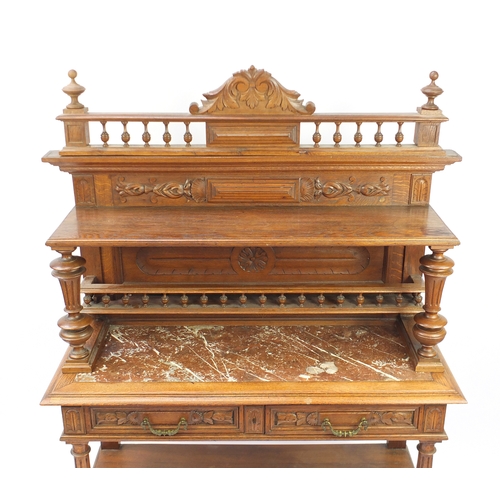 4 - Carved oak buffet with marble insert above two shelves, 108cm H x 116cm W x 42cm D