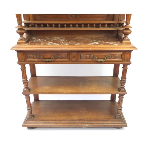 4 - Carved oak buffet with marble insert above two shelves, 108cm H x 116cm W x 42cm D