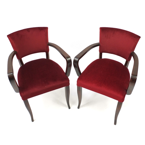 56A - Pair of mahogany framed open armchairs with red upholstery 80cm high