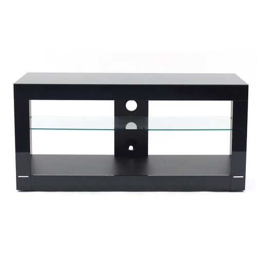 91 - Contemporary black gloss multi media stand with glass shelf, 53cm H x 110cm W x 42cm D