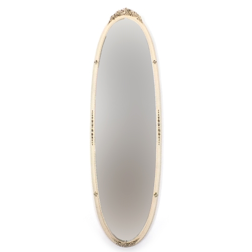 176 - Oval cream and gilt wall hanging mirror, 117cm x 35cm