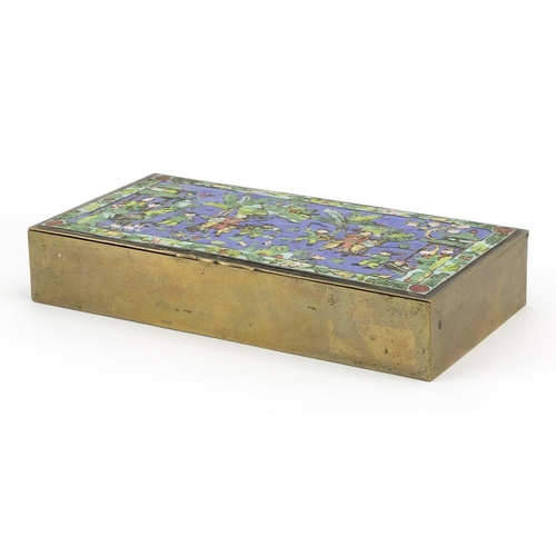 316 - Chinese rectangular brass box, the hinged lid enamelled with figures parading in a landscape, impres... 
