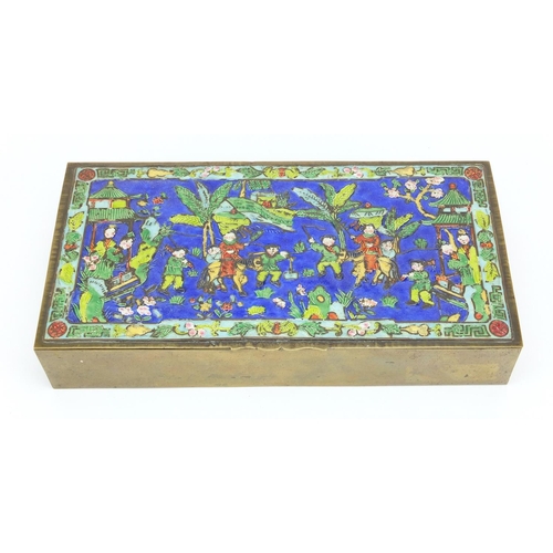 316 - Chinese rectangular brass box, the hinged lid enamelled with figures parading in a landscape, impres... 
