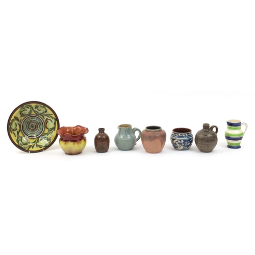 472 - Art pottery including a Bretby planter, Upchurch vase and a Denby charger