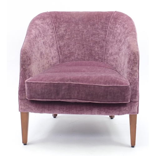 15 - Contemporary mahogany framed tub chair with purple upholstery raised on square tapering feet, 78cm h... 