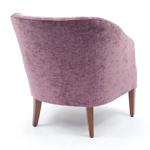 15 - Contemporary mahogany framed tub chair with purple upholstery raised on square tapering feet, 78cm h... 