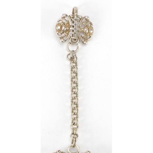 632 - Chinese silver coloured metal chatelaine with a butterfly, 21cm in length, approximate weight 57.5g