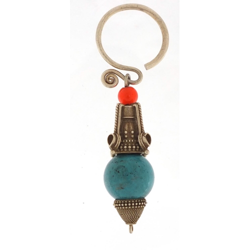 639 - Chinese silver coloured metal and turquoise design pendant, 11cm in length, approximate weight 50.2g