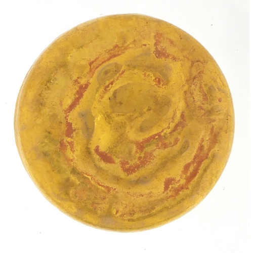 641 - Chinese gold coloured metal scroll weight, 6cm wide, approximate weight 213.0g