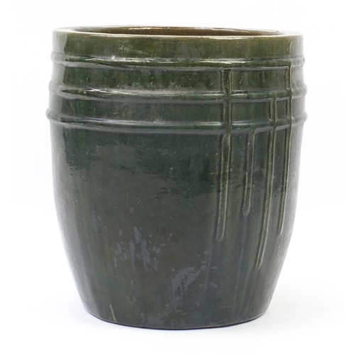 195 - Large green glazed circular planter, 56cm high x 47cm in diameter