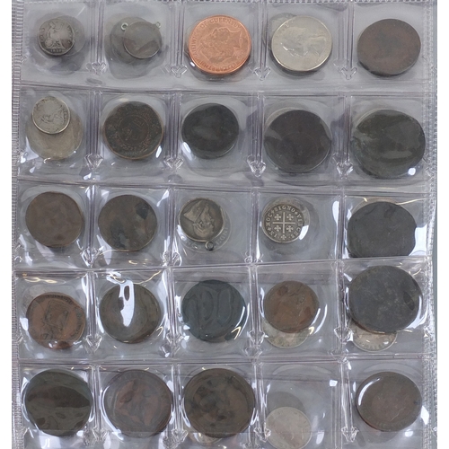597A - Antique and later world coinage and tokens including some silver, arranged in an album