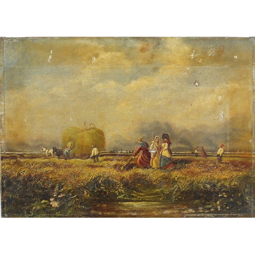 321A - Victorian farmers gathering hay, oil on canvas, unframed, 36cm x 25cm