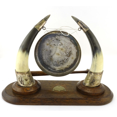 46a - Edwardian oak and horn table gong with silver plated mounts, 32cm high x 45cm wide