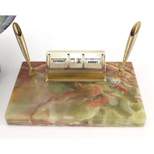 241 - Shelley pedestal comport and a brass and onyx desk stand with calendar