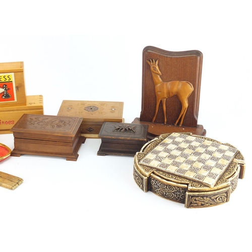 232 - Sundry items including chess set, dominoes, bookends and Russian dolls