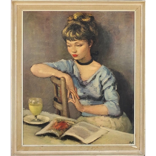 115 - Marcel Dyf - Female seated at a table, vintage print, framed, 60cm x 50cm