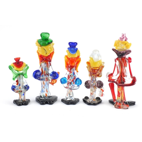 2119 - Five large Murano colourful glass clowns, the largest 34cm high