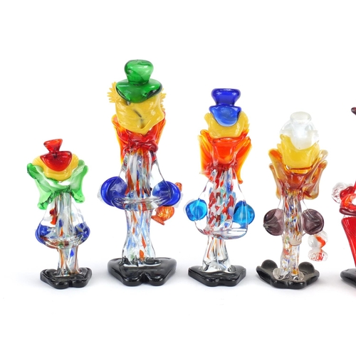 2119 - Five large Murano colourful glass clowns, the largest 34cm high