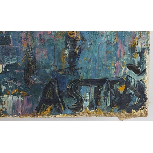 30 - Abstract composition, cityscape, oil on canvas, bearing an indistinct signature possibly Astrad, unf... 