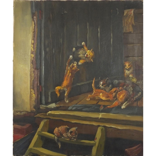 278 - The Granery Steps with cats, oil on canvas, bearing an indistinct signature possibly Claude Piget, u... 