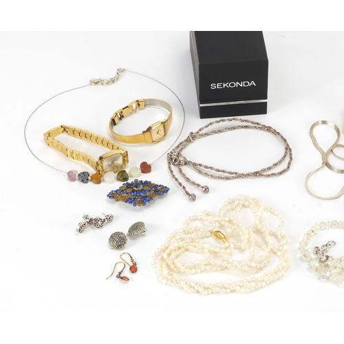 635 - Costume jewellery including silver necklaces and earrings, amber coloured bead necklace, freshwater ... 