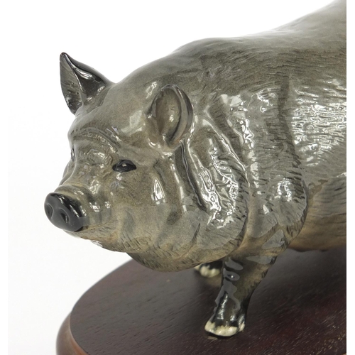 177 - Beswick pot belly pig on hardwood stand, the pig 15.5cm in length