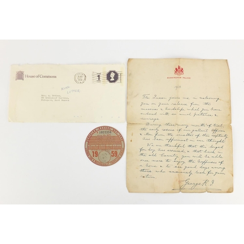 818 - Facsimile King George letter and 1959 vehicle tax disc