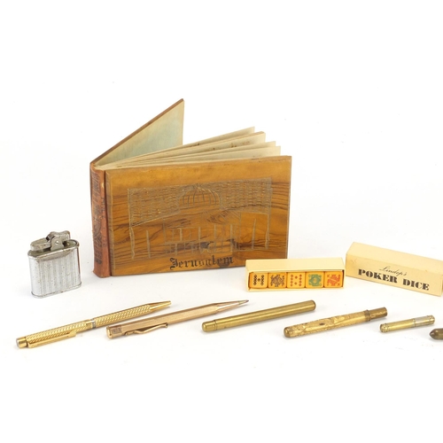 758 - Objects including gold plated propelling pencils and Jeruselum olivewood book of flowers