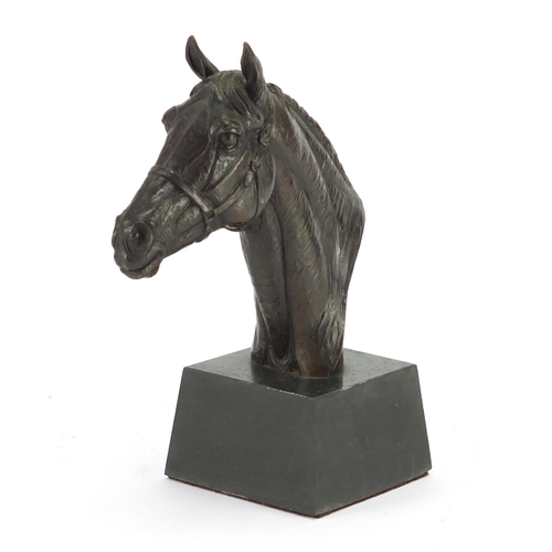 188 - Bronzed bust of a horse with black slate base, inscribed Done Lindner, 21cm high