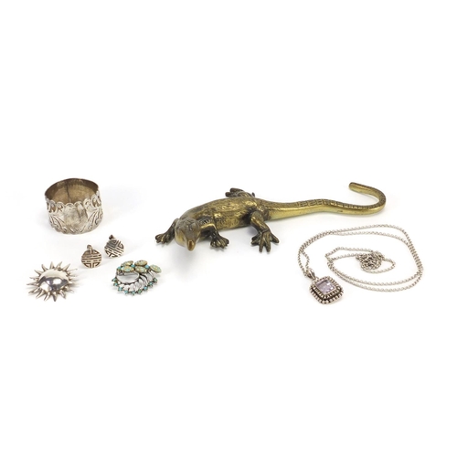 763 - Silver and white metal jewellery and a bronzed metal lizard